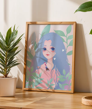 Illustration of a blue-haired girl surrounded by greenery