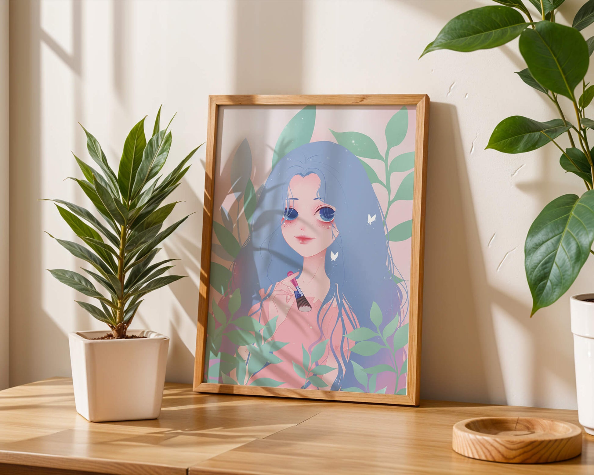 Illustration of a blue-haired girl surrounded by greenery