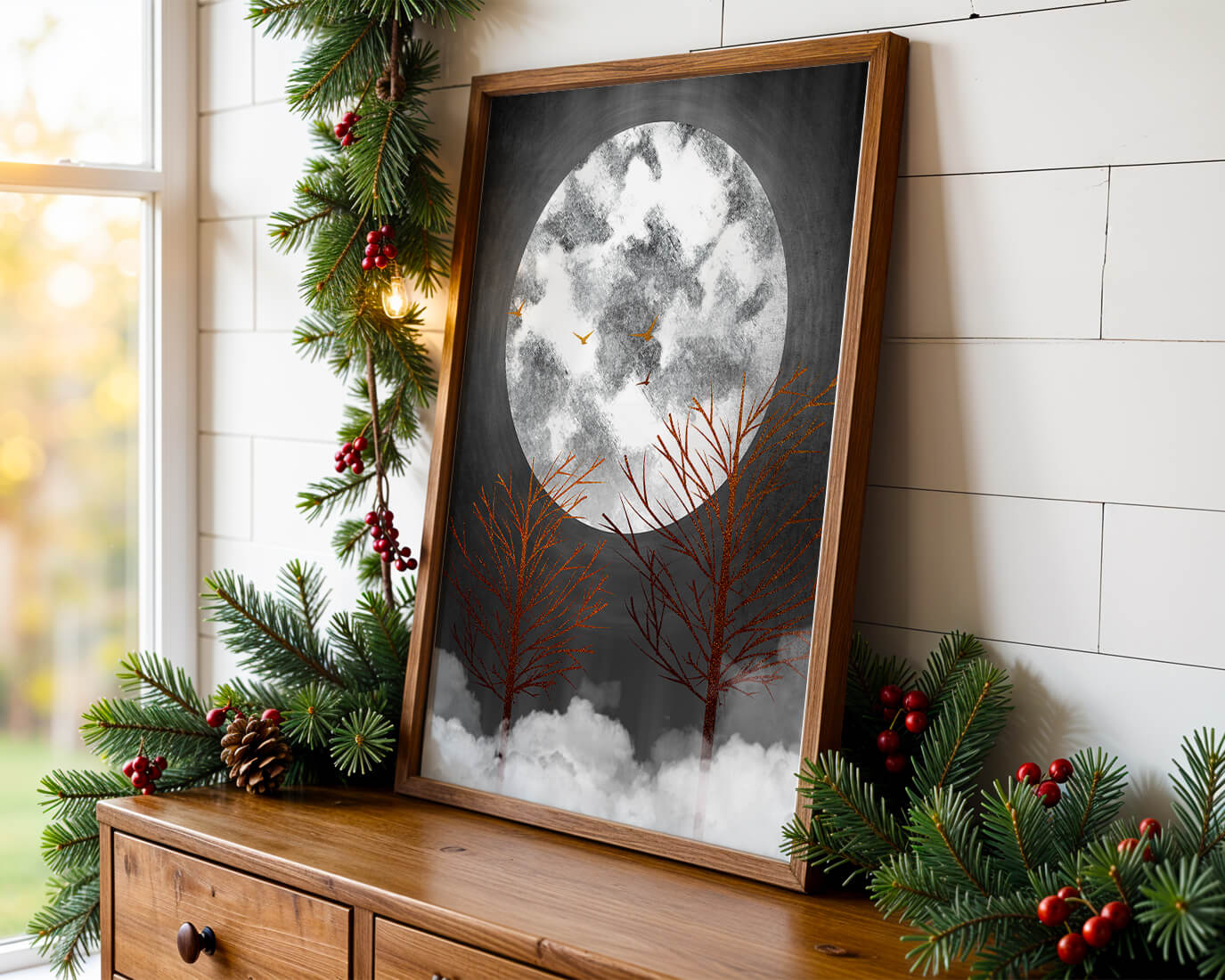 Surreal Night Scene with Trees and Golden Birds in Moonlight