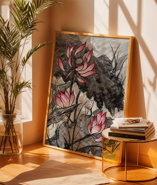 Illustration complexe de fleurs de lotus roses avec des feuilles