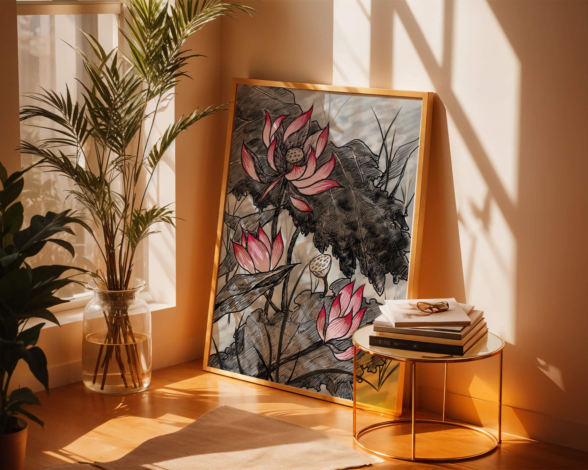Intricate Illustration of Pink Lotus Flowers with Leaves