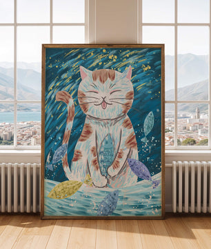 Gato caprichoso con peces coloridos y pinceladas juguetonas