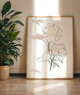 Elegante Pfingstrosen-Linienkunst mit goldenen Akzenten
