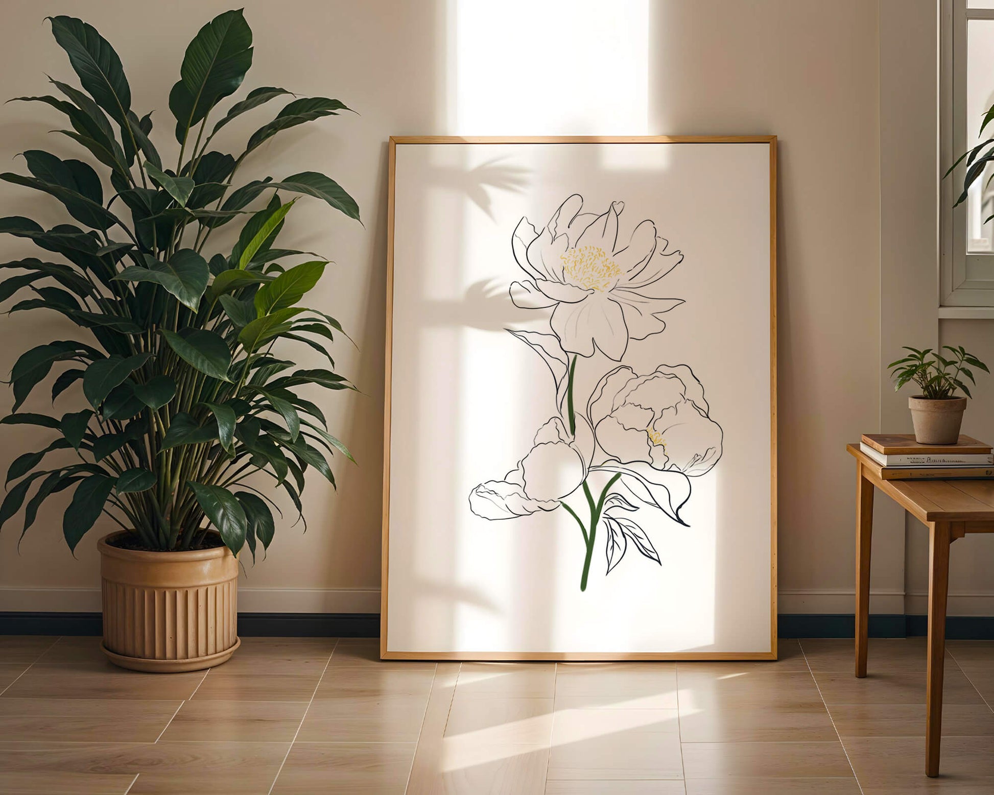 Elegante Pfingstrosen-Linienkunst mit goldenen Akzenten