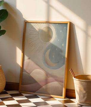Minimalist landscape with sun, moon, and wolf in pastel hues