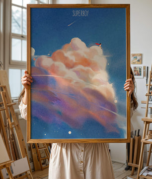 Whimsical illustration of superboy with dreamy cloudscape