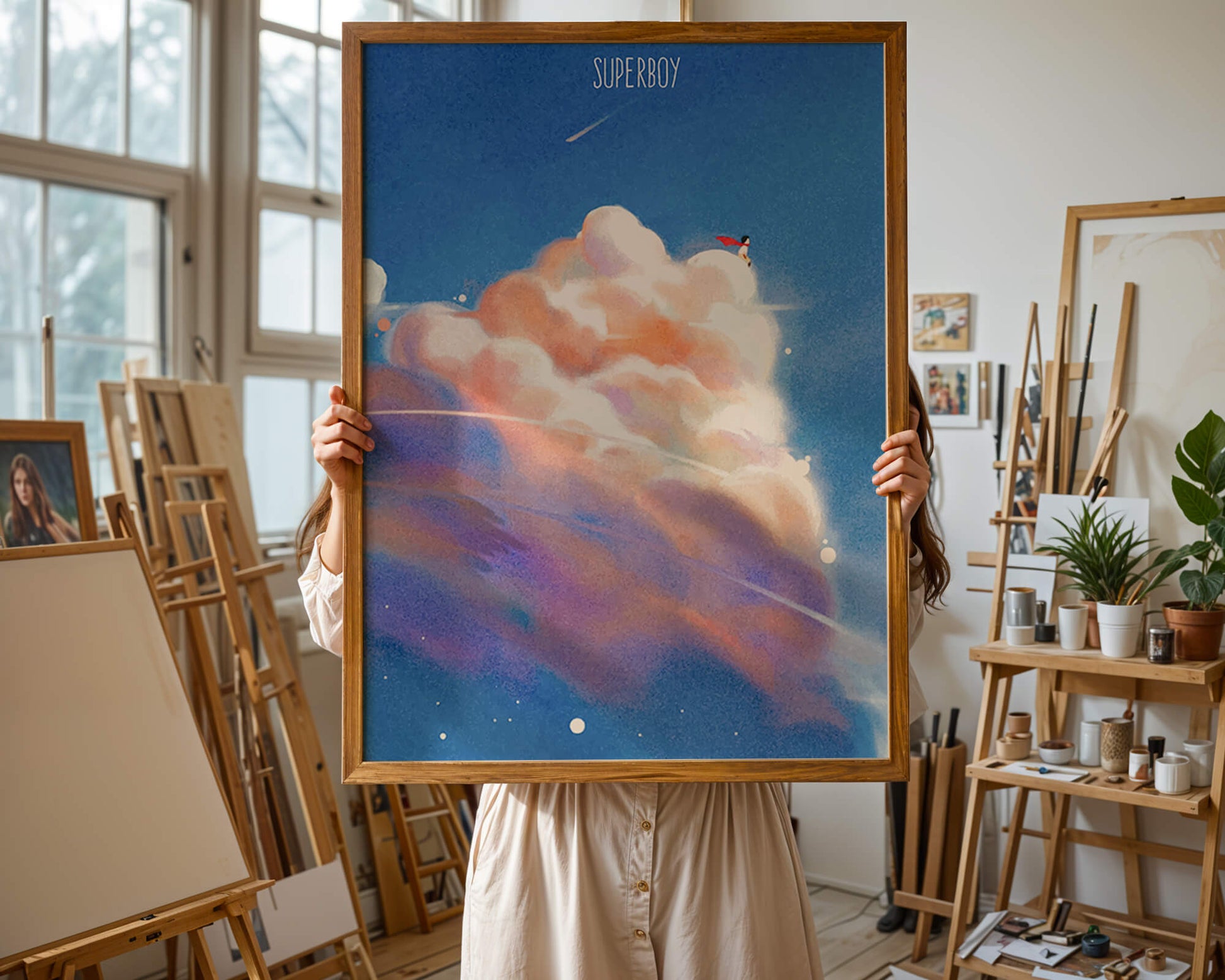 Whimsical illustration of superboy with dreamy cloudscape