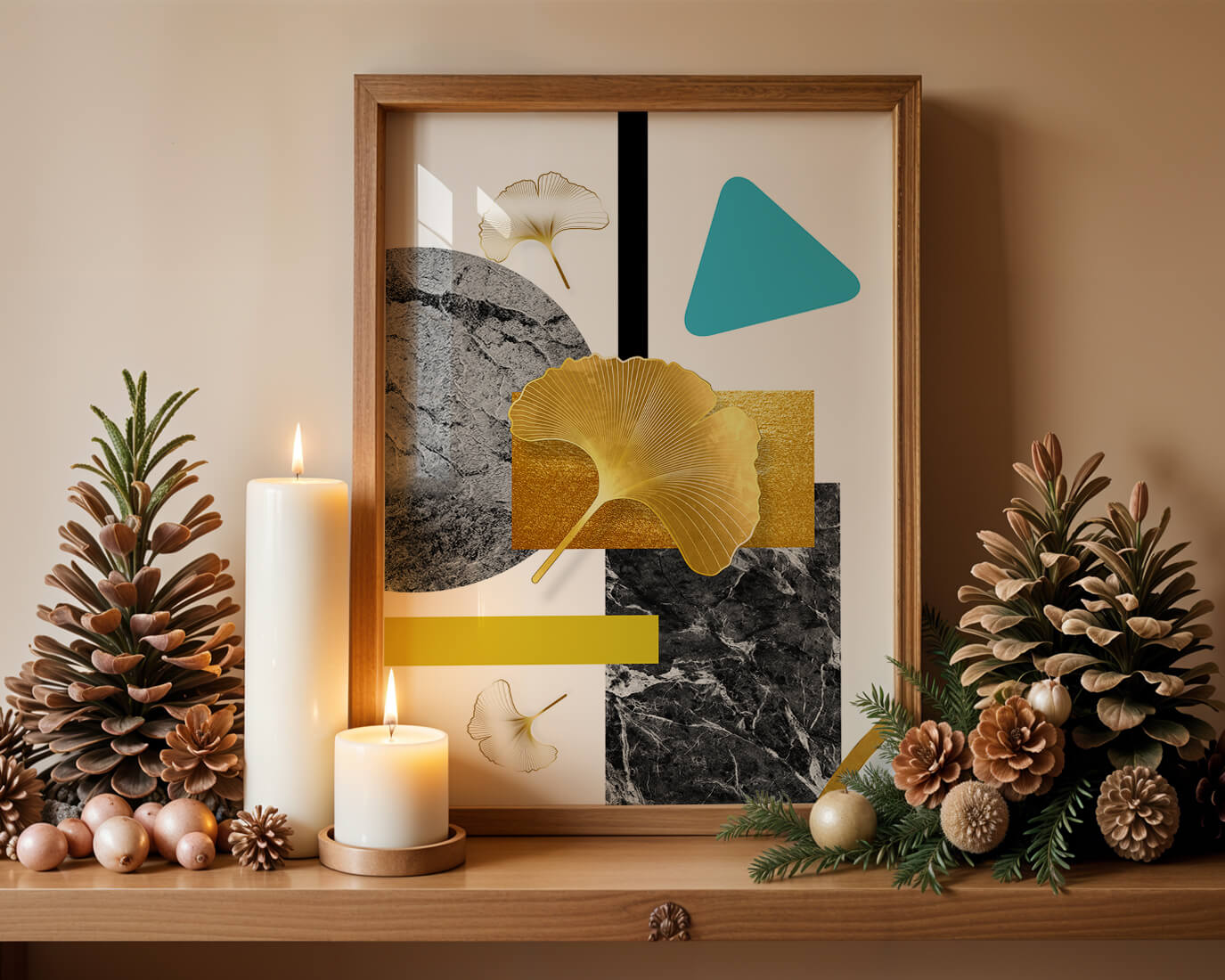 Geometric Abstract Composition with Gold Ginkgo Leaves