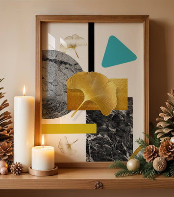 Geometric Abstract Composition with Gold Ginkgo Leaves