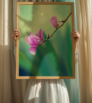 Serene illustration of magnolia flowers with a small figure in a hat