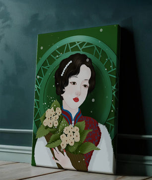 Elegant portrait of a woman with a bouquet of roses on a green abstract background