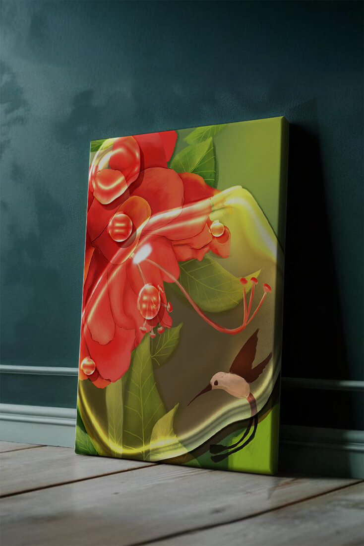 Vibrant floral illustration with hummingbird and lush greenery