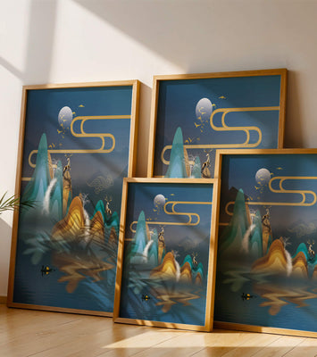 Abstract landscape with golden deer and layered mountains in serene night scene