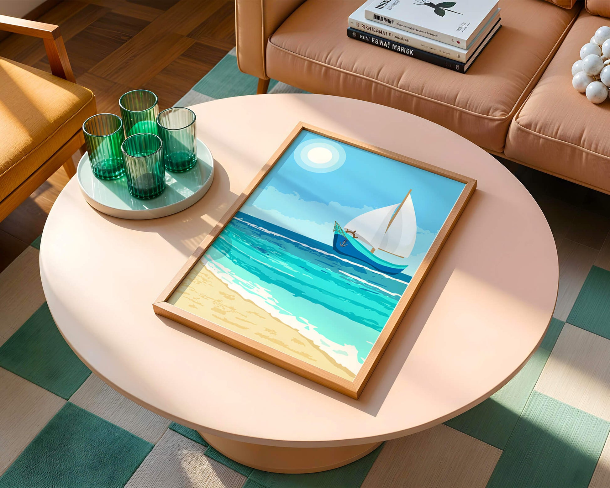 Serene ocean scenery with sailboat under the sun