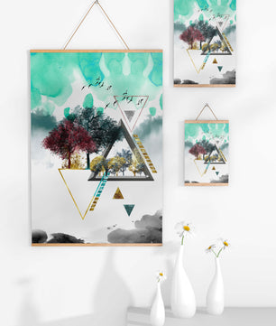 Abstract Geometric Landscape with Vibrant Trees and Birds - Mi tienda