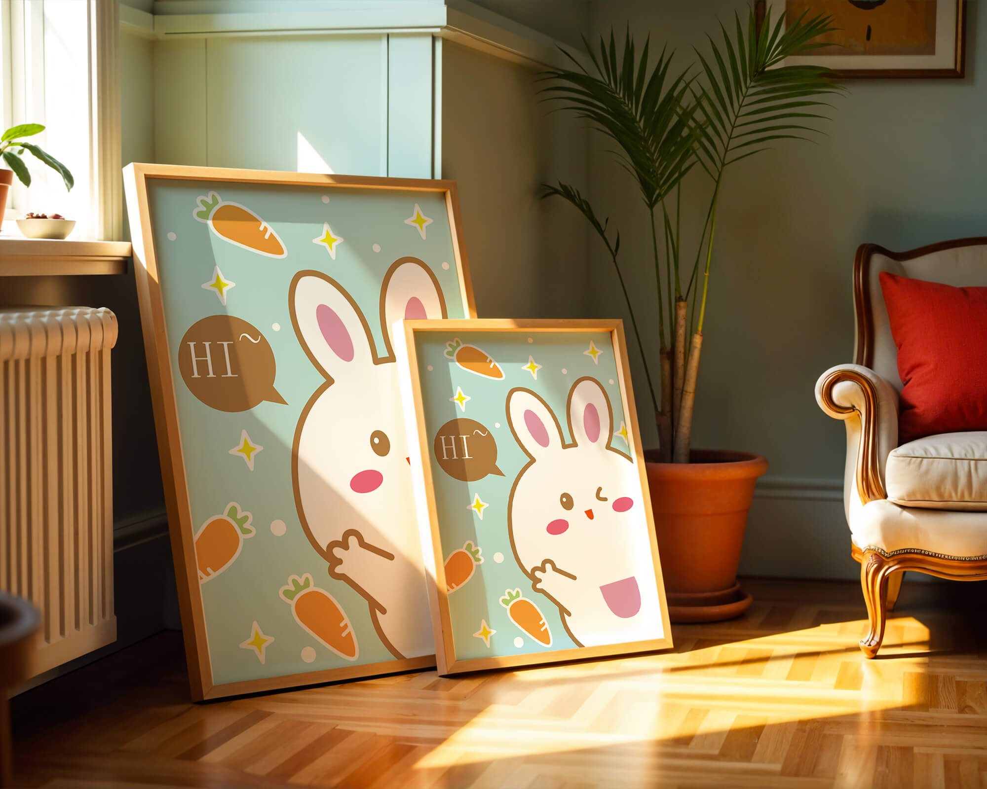 Playful cartoon bunny with carrots and stars on teal background