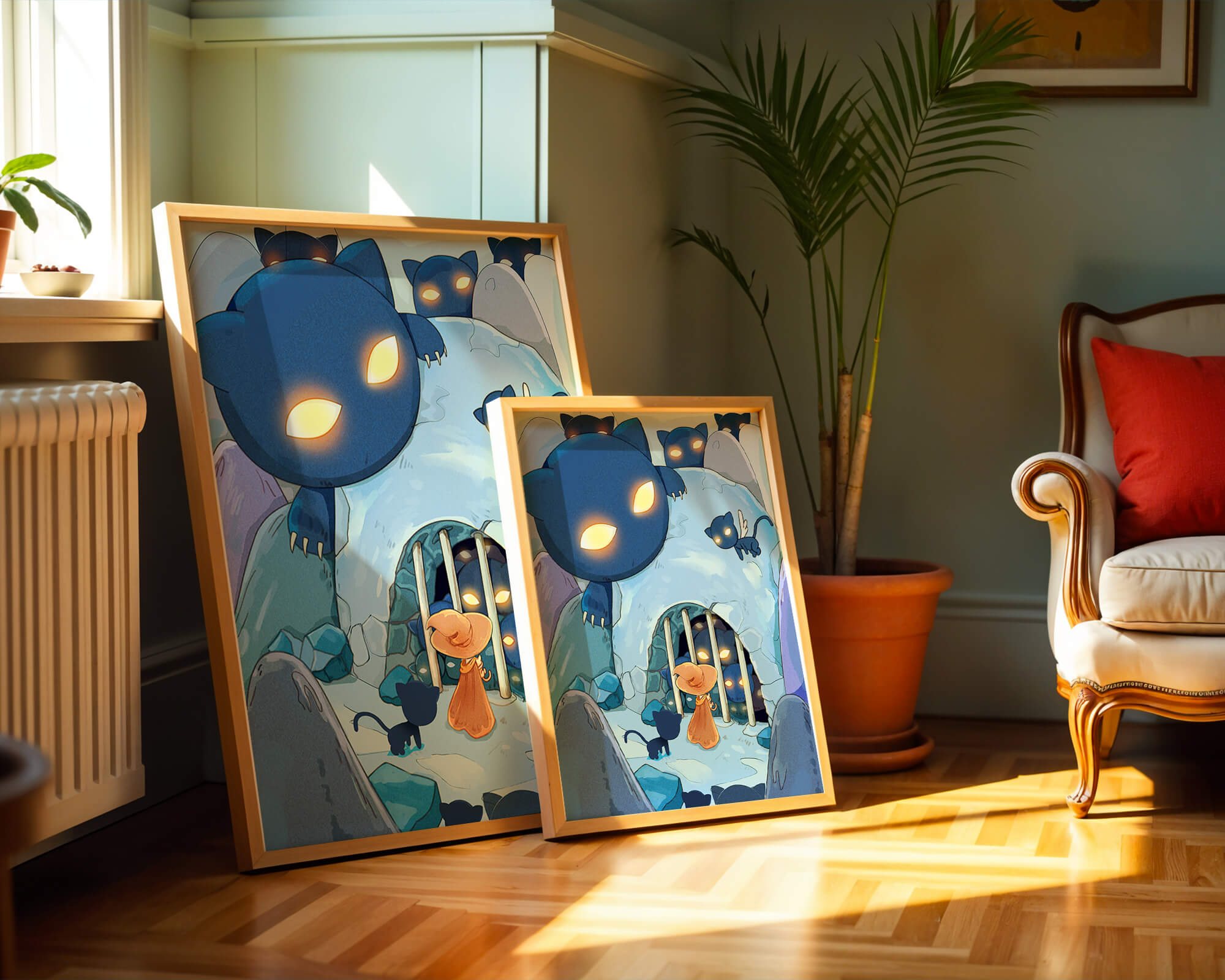 Fantasy scene with glowing-eyed creatures and mysterious cave
