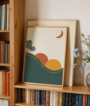 Minimalist Landscape With Mountains And Monstera Leaves At Sunset - Mi tienda