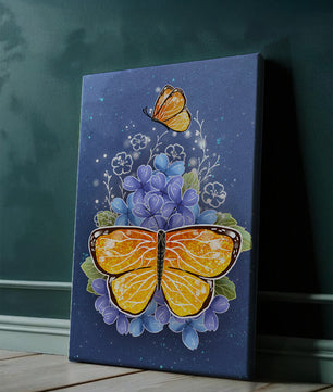Colorida ilustración de mariposa y flores azules