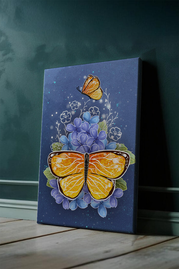Colorida ilustración de mariposa y flores azules