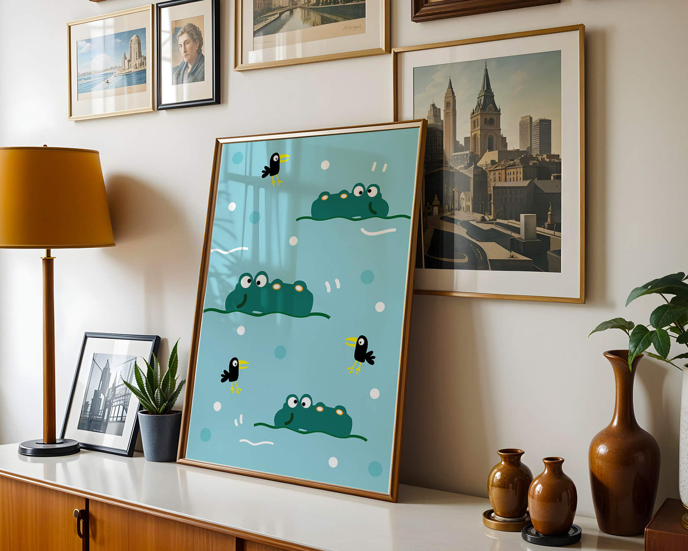 Playful cartoon crocodiles and birds on blue patterned background