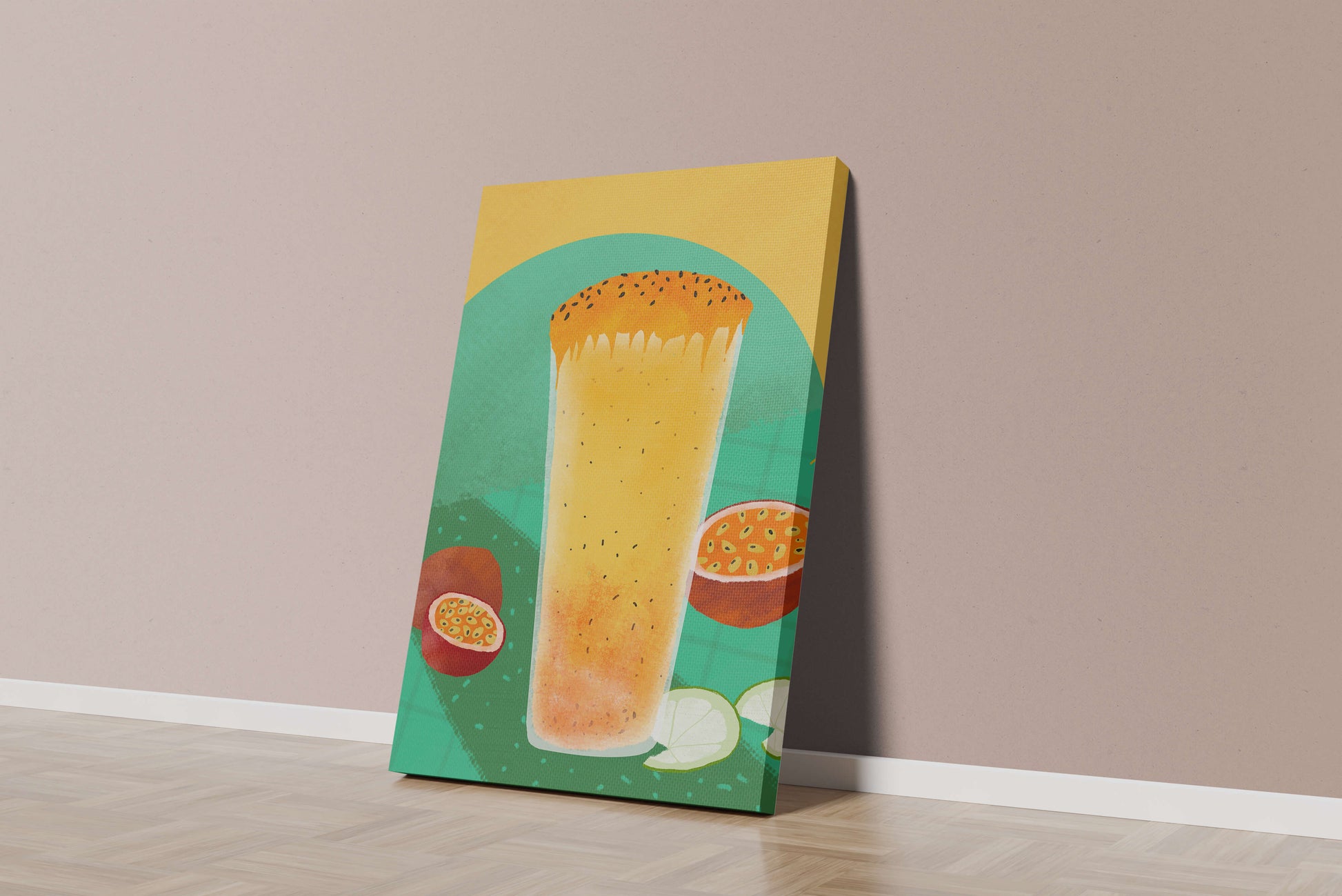 Illustrated tropical passion fruit drink with fresh slices