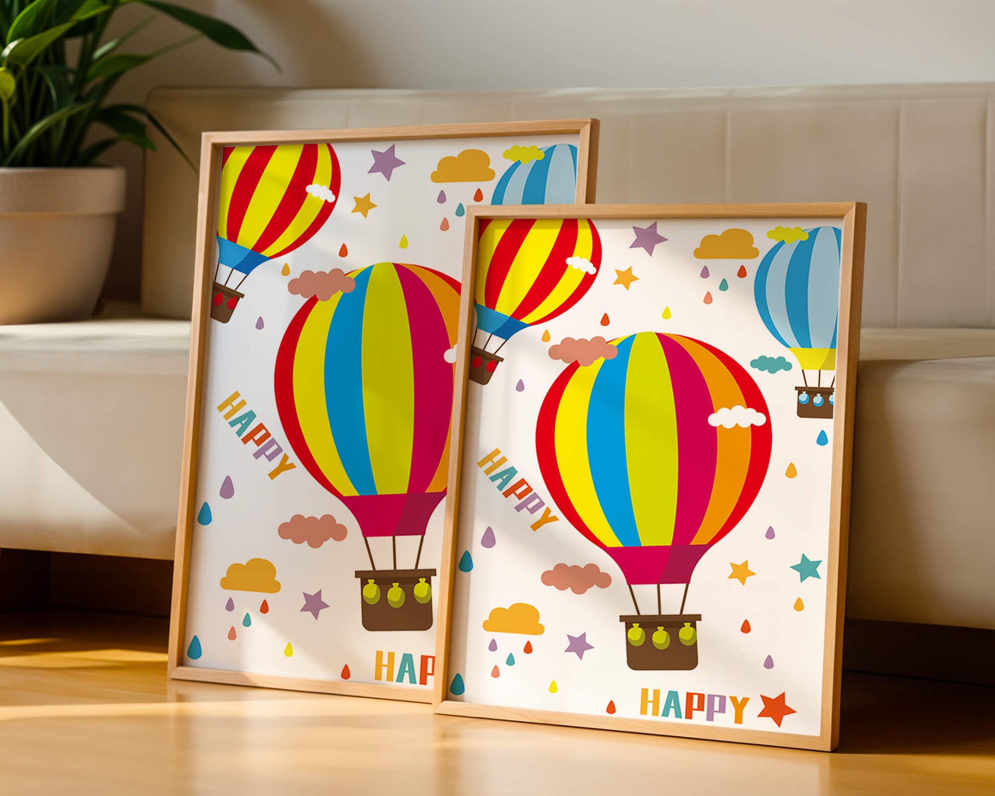 Colorful hot air balloons and happy clouds illustration