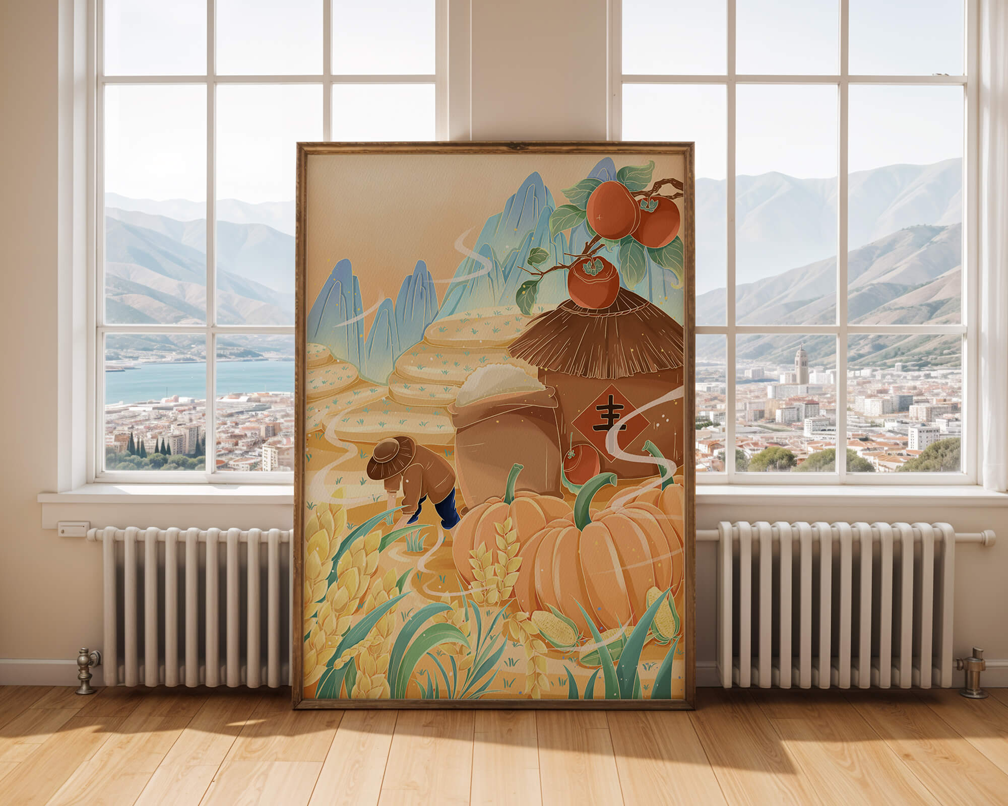 Pastoral landscape with pumpkins and farmer in rice fields