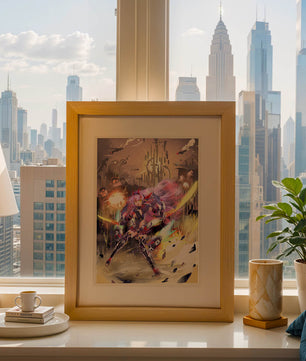 Personnage d’anime guerrier futuriste avec des lames d’énergie dans un paysage urbain de science-fiction