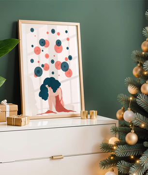 Abstract Illustration of a Woman with Curly Blue Hair Surrounded by Colorful Circles - Mi tienda