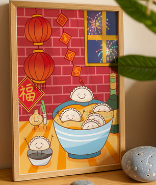 Festive Dumpling Illustration with Lanterns and Fireworks - Mi tienda