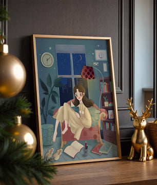 Cozy Nighttime Reading in a Living Room with Moonlit Window