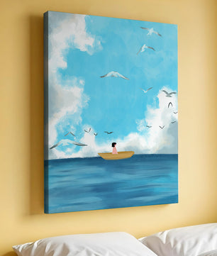 Peaceful seascape illustration with a boat and birds