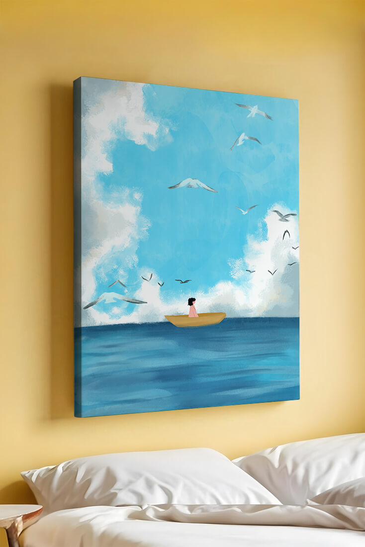 Peaceful seascape illustration with a boat and birds