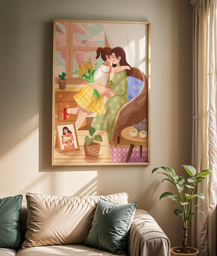 Mother and Daughter Embracing by the Window with Flowers