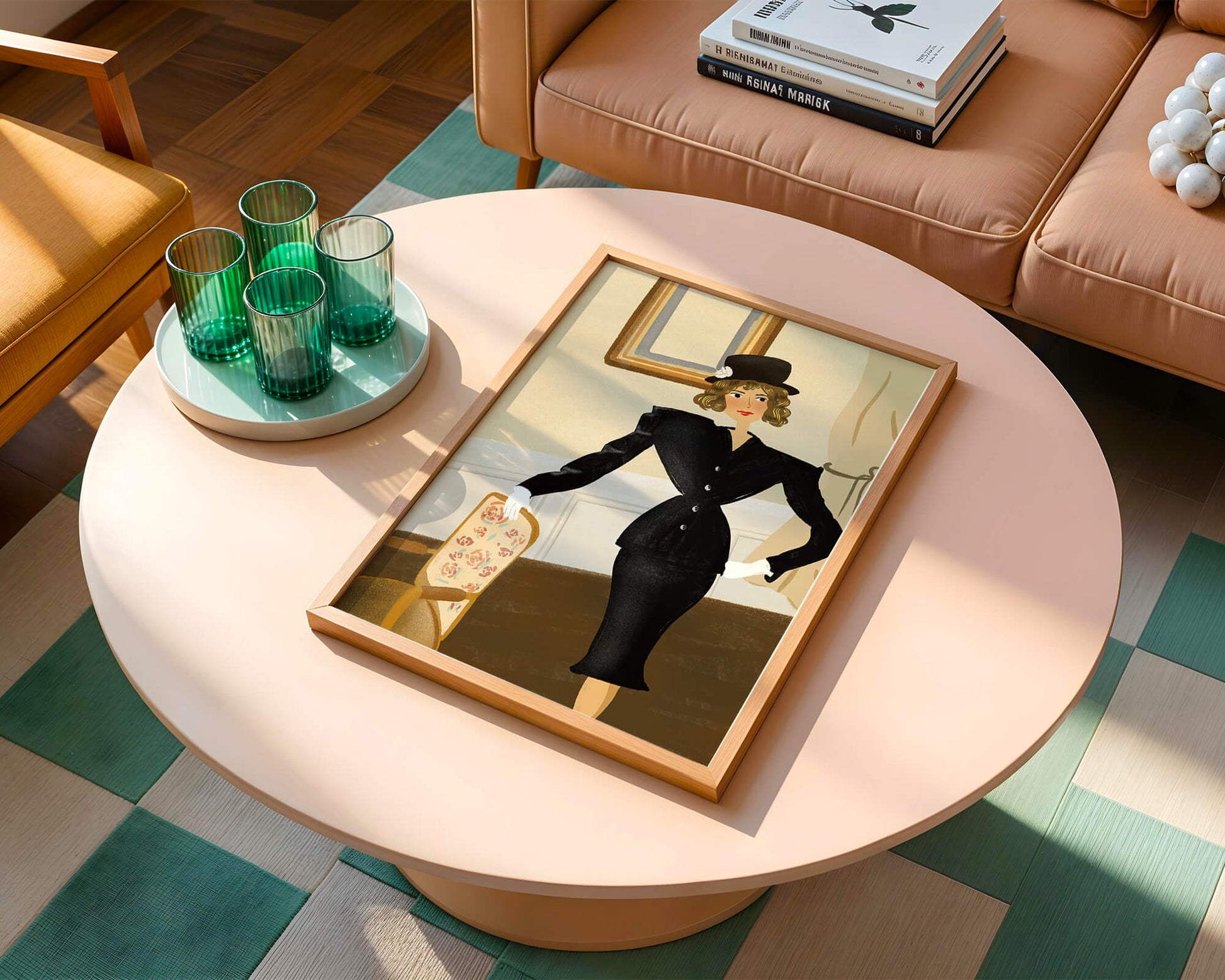 Mujer elegante en moda vintage con traje negro y sombrero