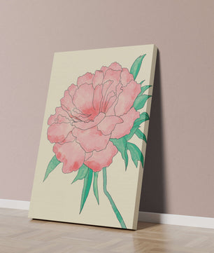 Delicate Pink Peony with Green Leaves Illustration