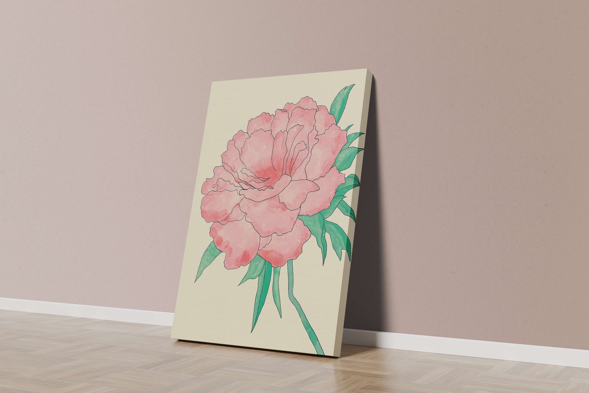 Delicate Pink Peony with Green Leaves Illustration