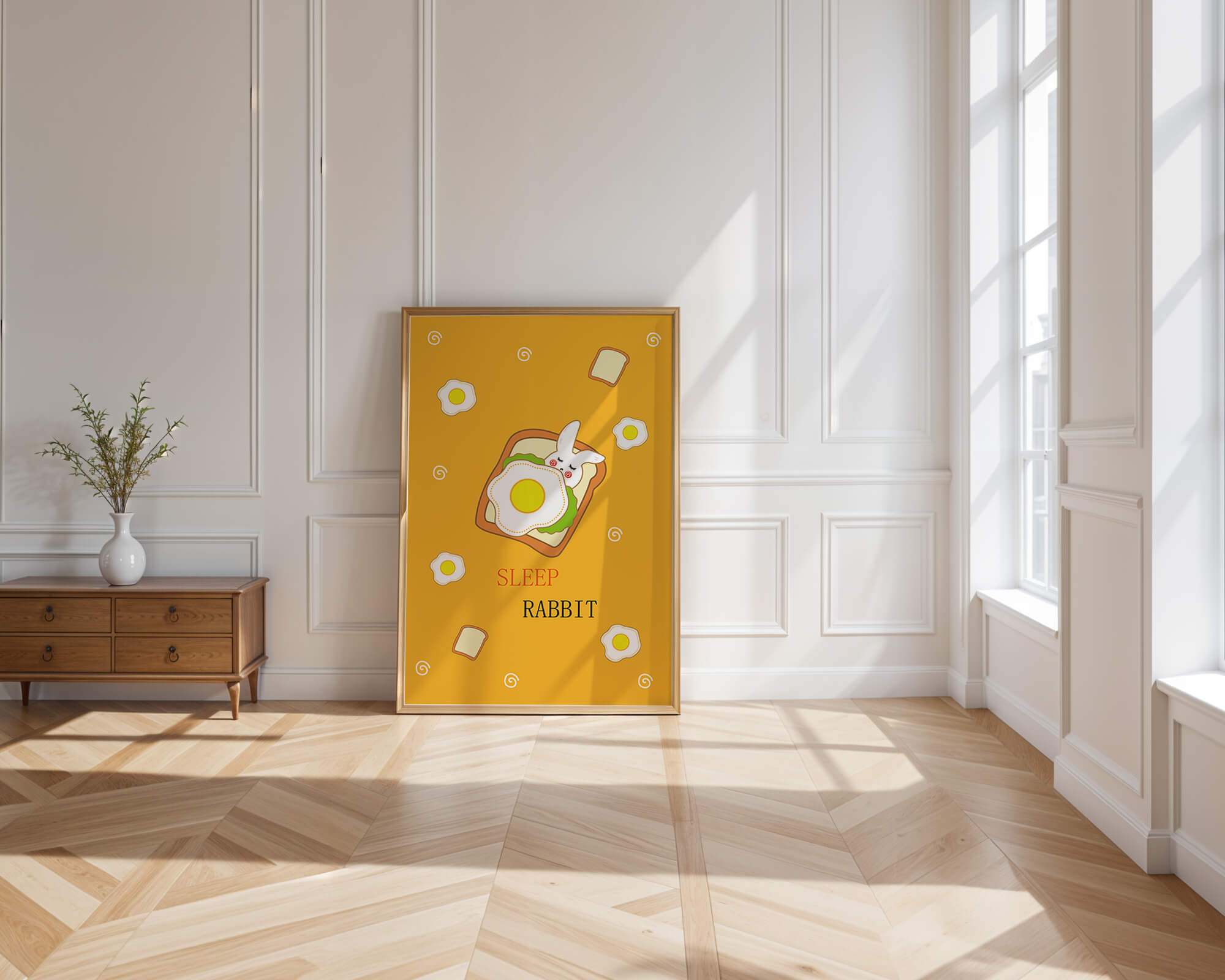 cute rabbit sleeping on toast with fried egg design