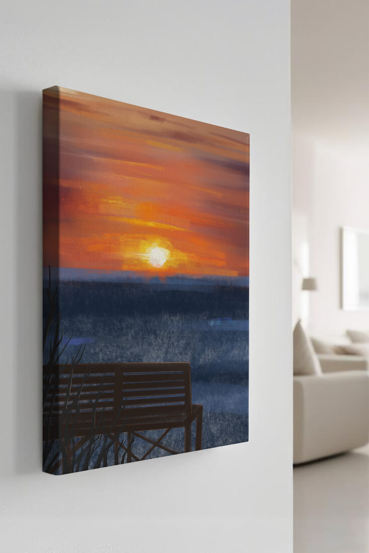 Vue sereine du coucher de soleil avec un banc vide sur des eaux calmes