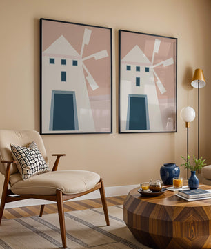 Minimalist geometric house illustration on pastel background