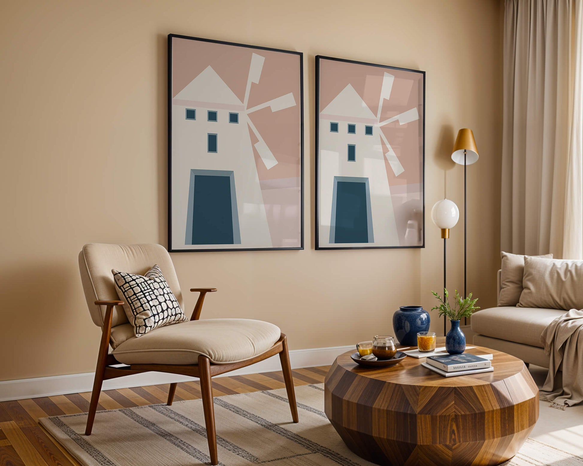 Minimalist geometric house illustration on pastel background