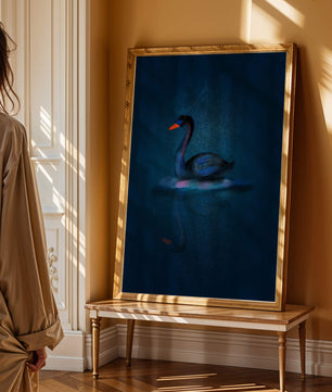 Majestic Black Swan Under Starry Night Sky with Golden Accents - Mi tienda