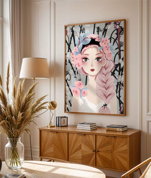 Ilustración caprichosa de una chica con cabello rosa y corona floral