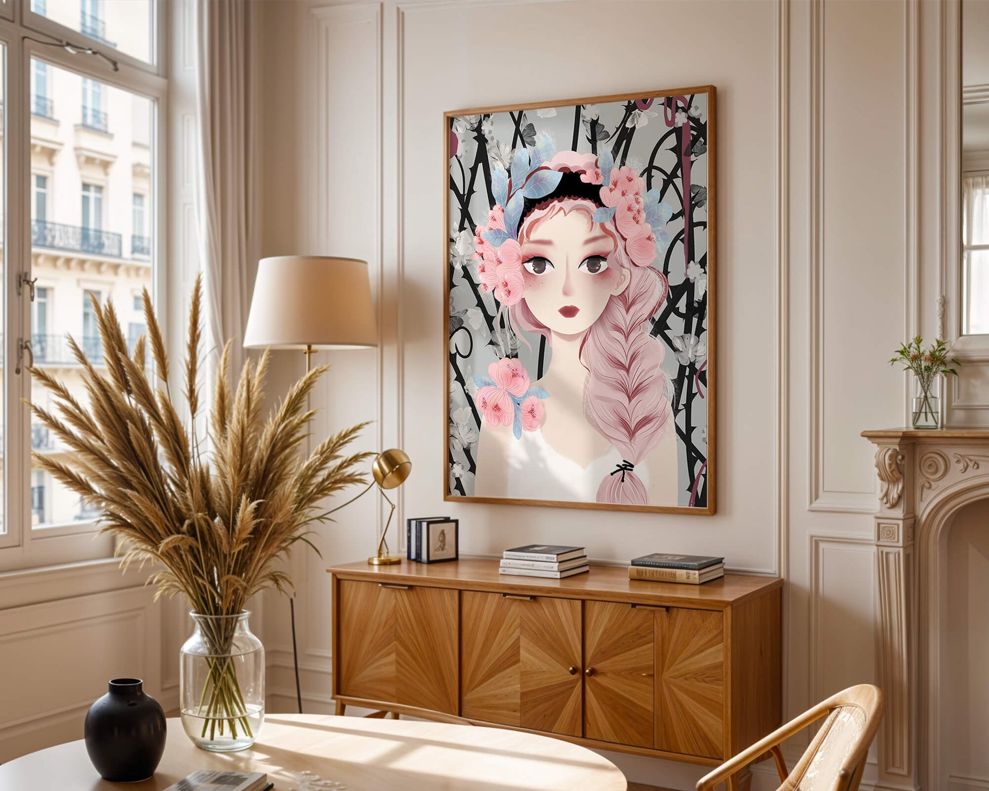 Whimsical illustration of a girl with pink hair and floral crown