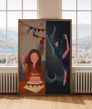 Geburtstagsfeier-Illustration mit Kuchen und Tanzfigur