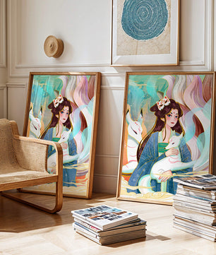 Œuvre de fantasy élégante mettant en scène une figure mystique accompagnée de renards et de couleurs vibrantes