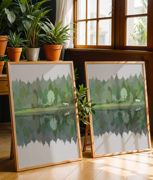 Forest landscape with a white horse and reflection in a tranquil pond