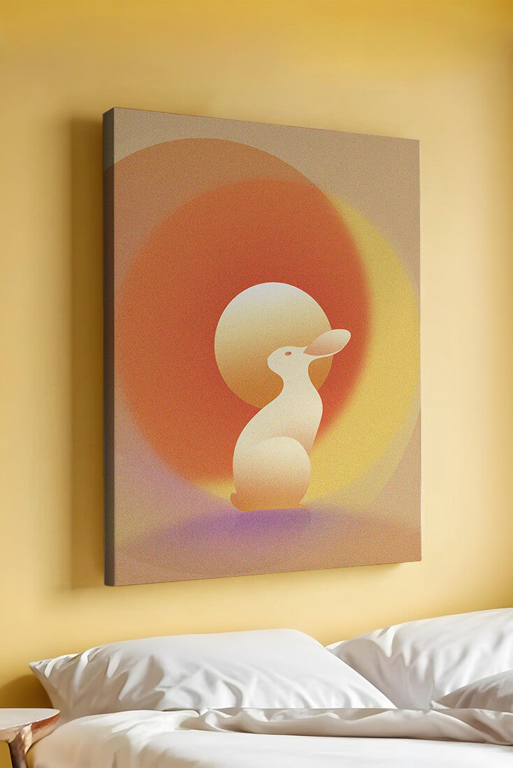 Majestic White Rabbit with Sun and Abstract Circles