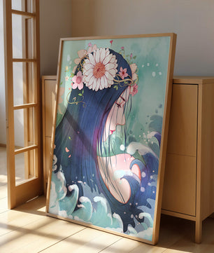 Illustration of a serene woman with floral crown and ocean waves